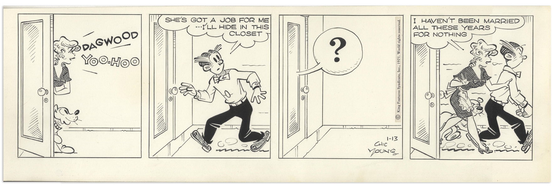 Chic Young Hand-Drawn ''Blondie'' Comic Strip From 1971 Titled ''A Wife's Intuition'' -- Blondie Outsmarts Dagwood
